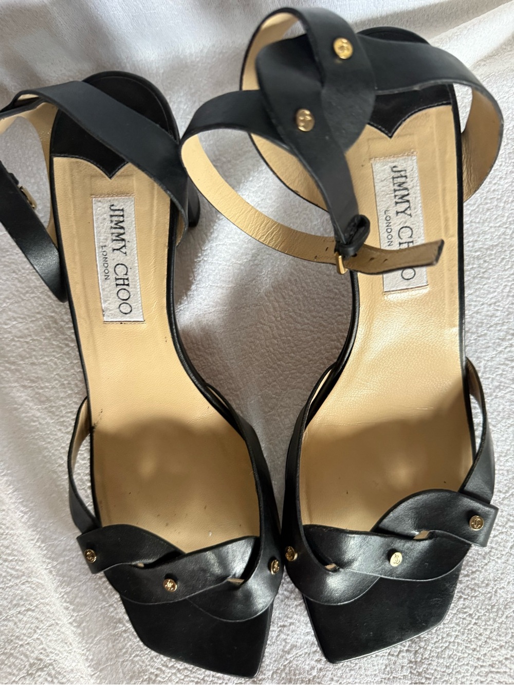 Jimmy Choo Black Leather Ankle-Strap Heels with Gold Studs